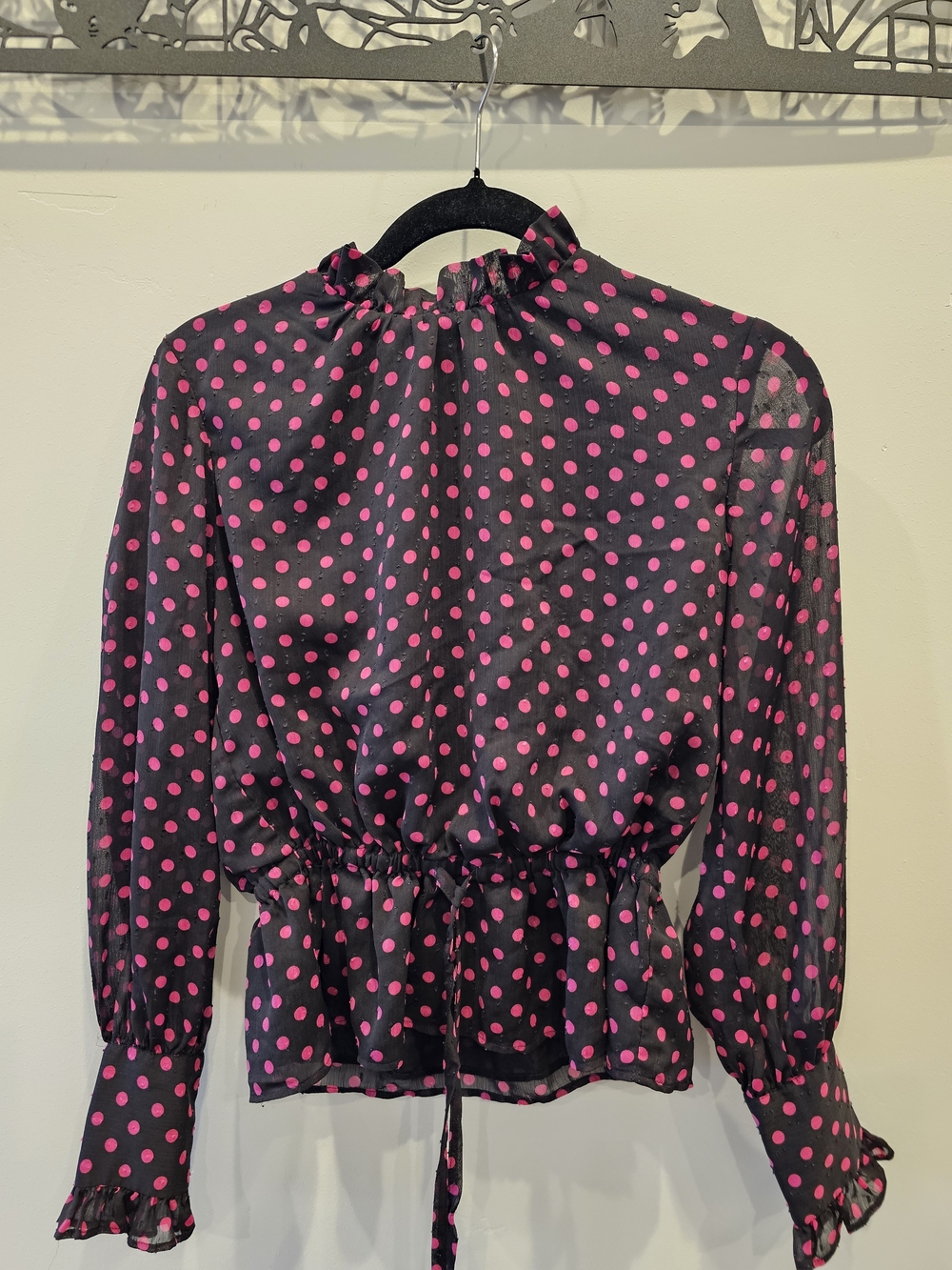 Ann Taylor Black Blouse with Hot Pink Polka Dots
